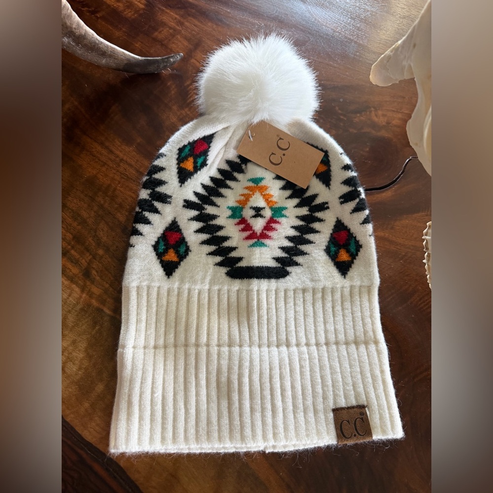 C.C White Aztec Knit Pom Beanie with Multicolor Accents